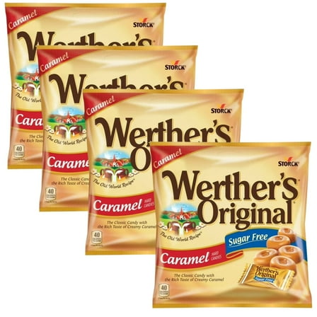 Werther’s Original Sugar Free Caramel Candy 4 Pack 1.46 oz Each Classic Buttery Hard Caramels, Low Sugar Candy, Individually Wrapped Sweet Treats