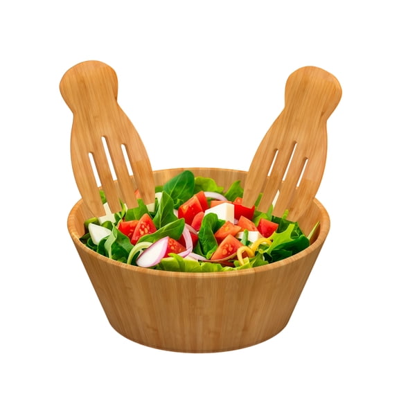 Large 12 inch Bamboo Wooden Salad Bowl Set with Salad Hands for 6-8 Helpings, Wood Mixin Bowl for Fruit, Cereal, Pasta