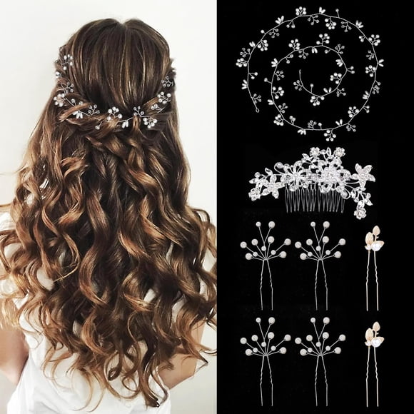 8 Pcs Bridal Hair Accessories, Rhinestone Wedding Hair Vine for Brides, Wedding Hair Accessories with 1 Wedding Headband 1 Pearl Hair Comb 6 U-shaped Wedding Hair Pins for Brides Bridesmaids
