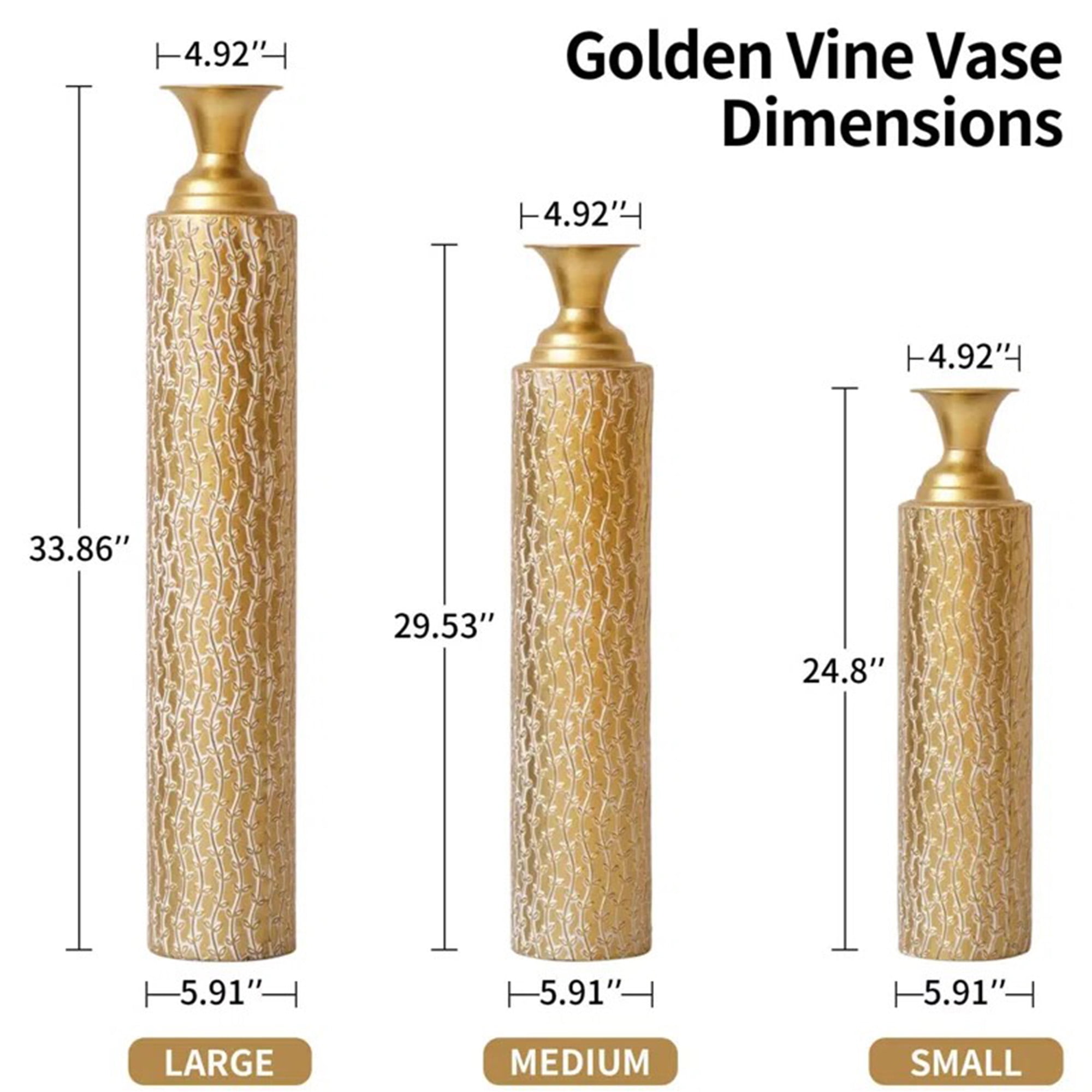 3 Piece Handmade Gold Vase, Tall Metal Floor Vase with Embossed Gold Ivy, Large Flower Vase
