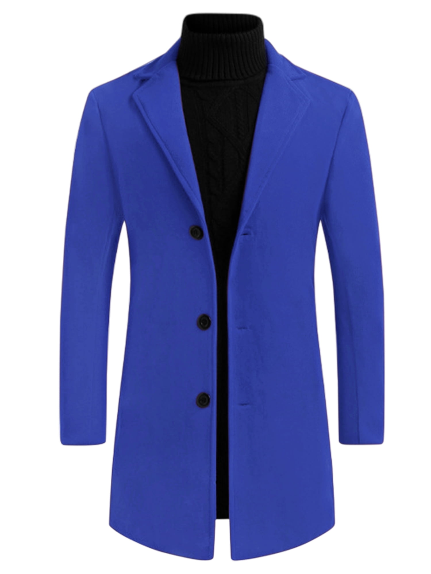 Unique Bargains Men's Slim Fit Notched Lapel Single Breasted Mid Length Overcoat M Blue