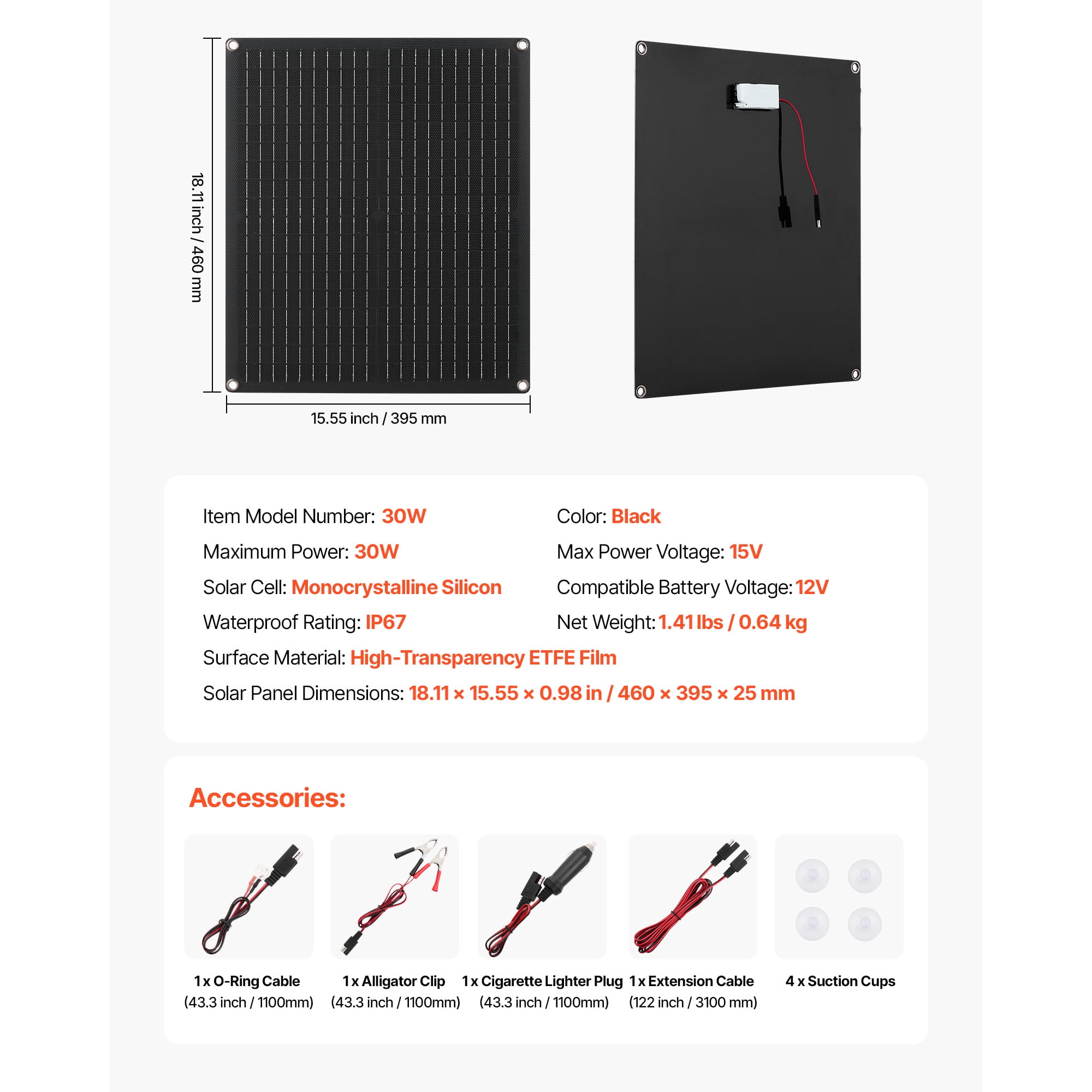 KFFKFF 30W 12V Solar Panel Charger with Smart Controller & Multiple Connection Cables, IP67 Waterproof Design for Vehicles and Outdoor Use