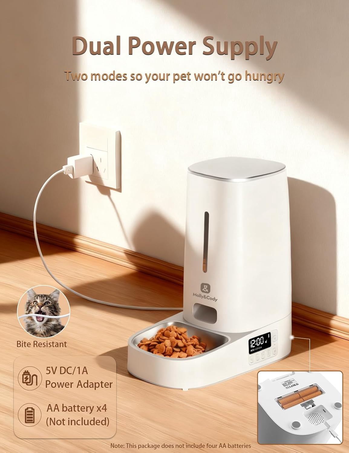 Timed Automatic Cat Feeder: 4L Programmable Dispenser with LCD, Stainless Steel Bowl, Dual Power