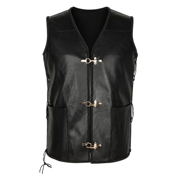 Side Lace Up Pirate Leather Vest, Side Lace Up Faux Leather Pirate Vest, Sleeveless Metal Clasp Gothic Waistcoat for Adult Halloween Medieval Pirate Cosplay, 4 Color Steampunk Costume Vest, Black L