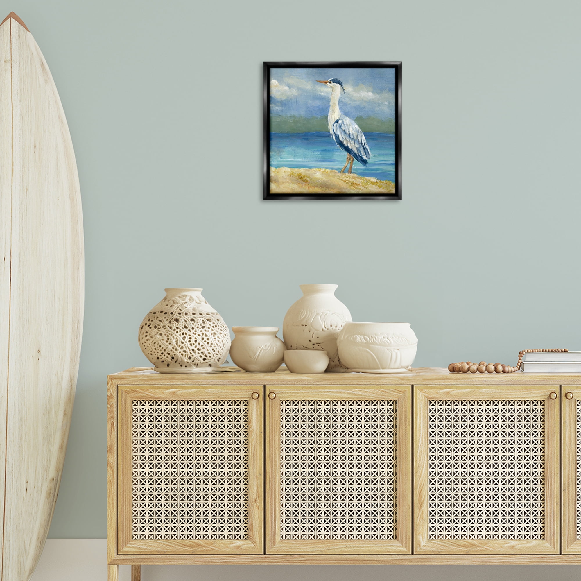 Stupell Industries Heron on Cloudy Beach Nautical & Beach Painting Black Floater Framed Canvas Art Print Wall Art, 18 x 18