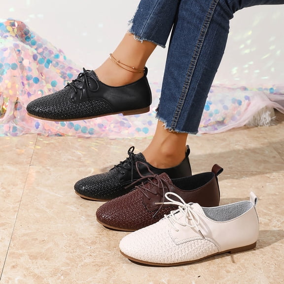 Women's Woven Lace-Up Flats, Casual Slip On Oxford Shoes, Comfortable Low Heel Walking Shoes, Spring Summer Versatile Dress Shoes for Daily Commute