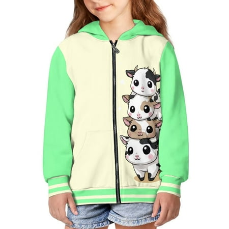 Psesaysky Zip-Up Hoodie Sweatshirt Girls Kids Teens Cartoon Cow Yellow Green Lightweight Long Sleeve Hooded Jacket with Pockets Cute Teen Girl Boy Clothes 11-13 Years
