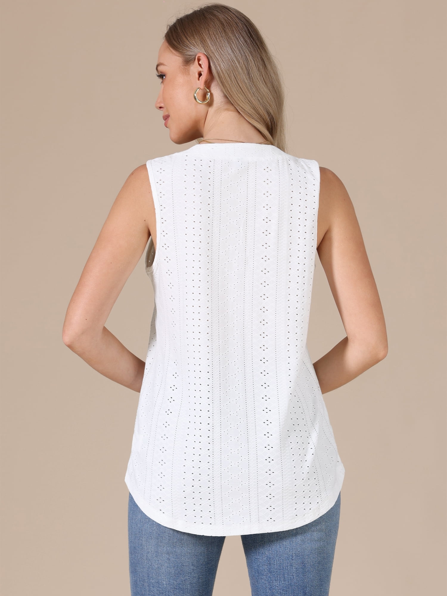 DARING DIVA Women's Eyelet Tank Top Sleeveless V Neck Casual Summer Blouse M White