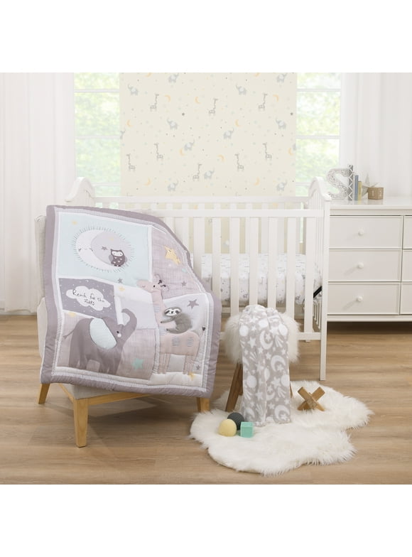 Parent's Choice Celestial 3 Piece Crib Bedding Set, Grey, Elephant, Sloth, Comforter, Sheet, Blanket, Infant