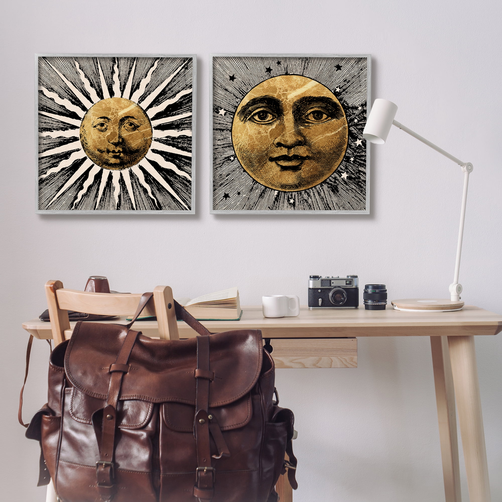 Stupell Industries Boho Sun & Moon Landscape Painting Gray Framed Art Print Wall Art, 24 x 24