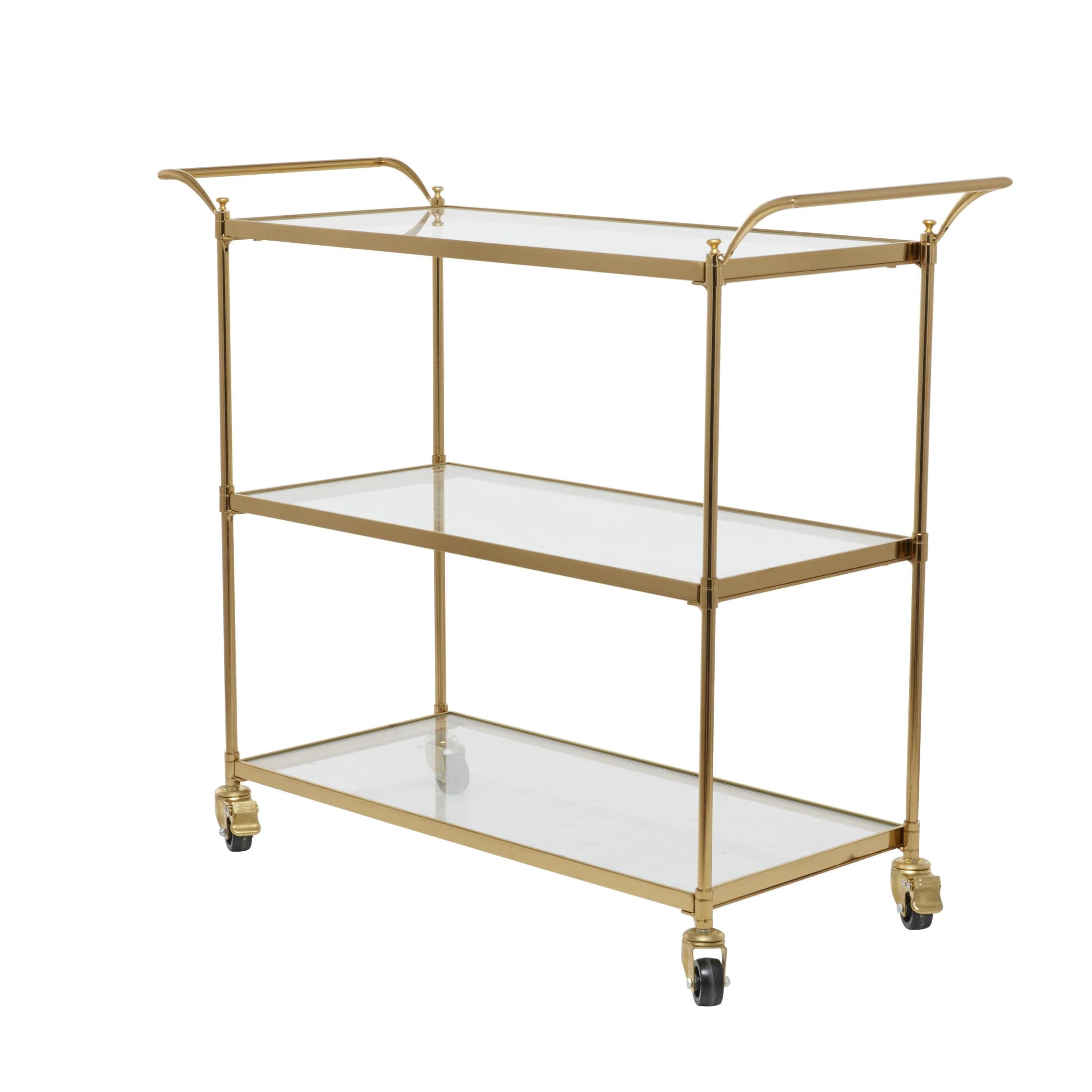 DecMode Traditional 3 Tier Gold Metal Bar Cart with Transparent Glass Shelves, 38"W x 31"H