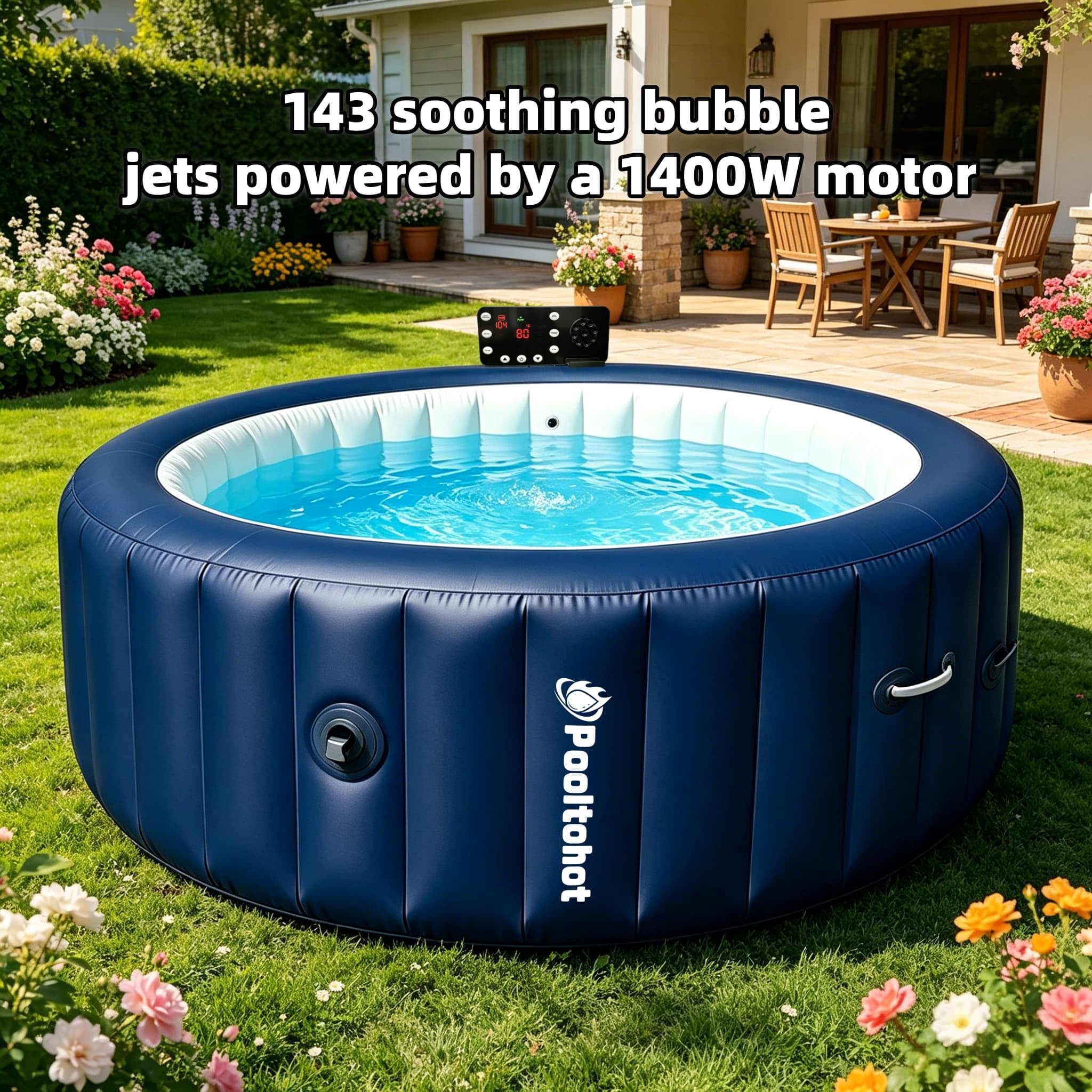 POOLTOHOT Inflatable Hot Tub 71" x 28", Portable Hot Tubs Built-in Heat Pump and 6-Color Lights for 2-4 Person, Blow Up Outdoor Hot Tubs with 143 Soothing Air Jets and Filter System for SPA