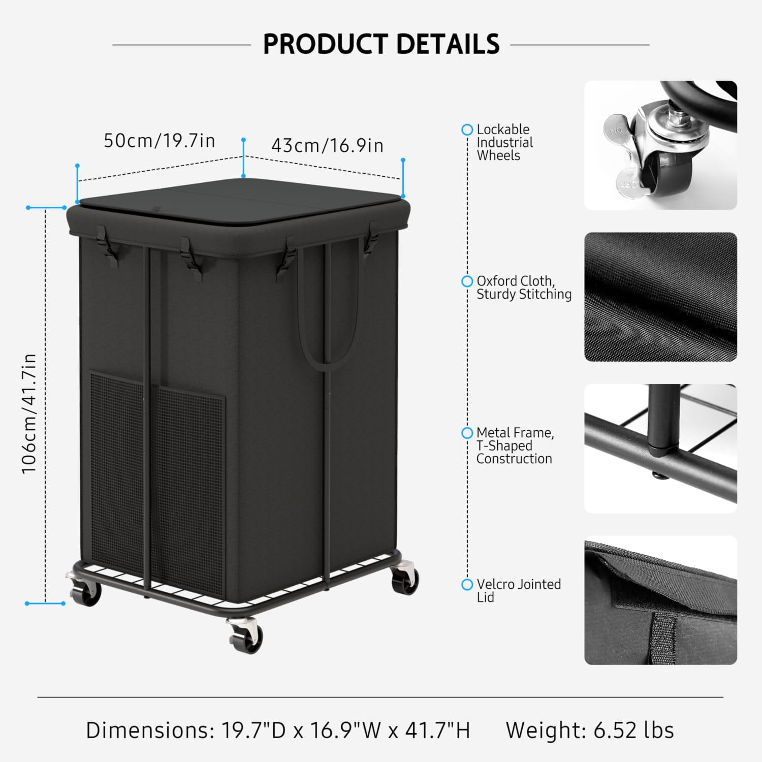 YKDIRECT 150L Large Laundry Hampers with Lid, Oxford Fabric Laundry Basket, Metal Frame and Removable Bag Design with Wheels, Suitable for Bedroom, Bathroom, Dorm Room, Laundry Room - Black
