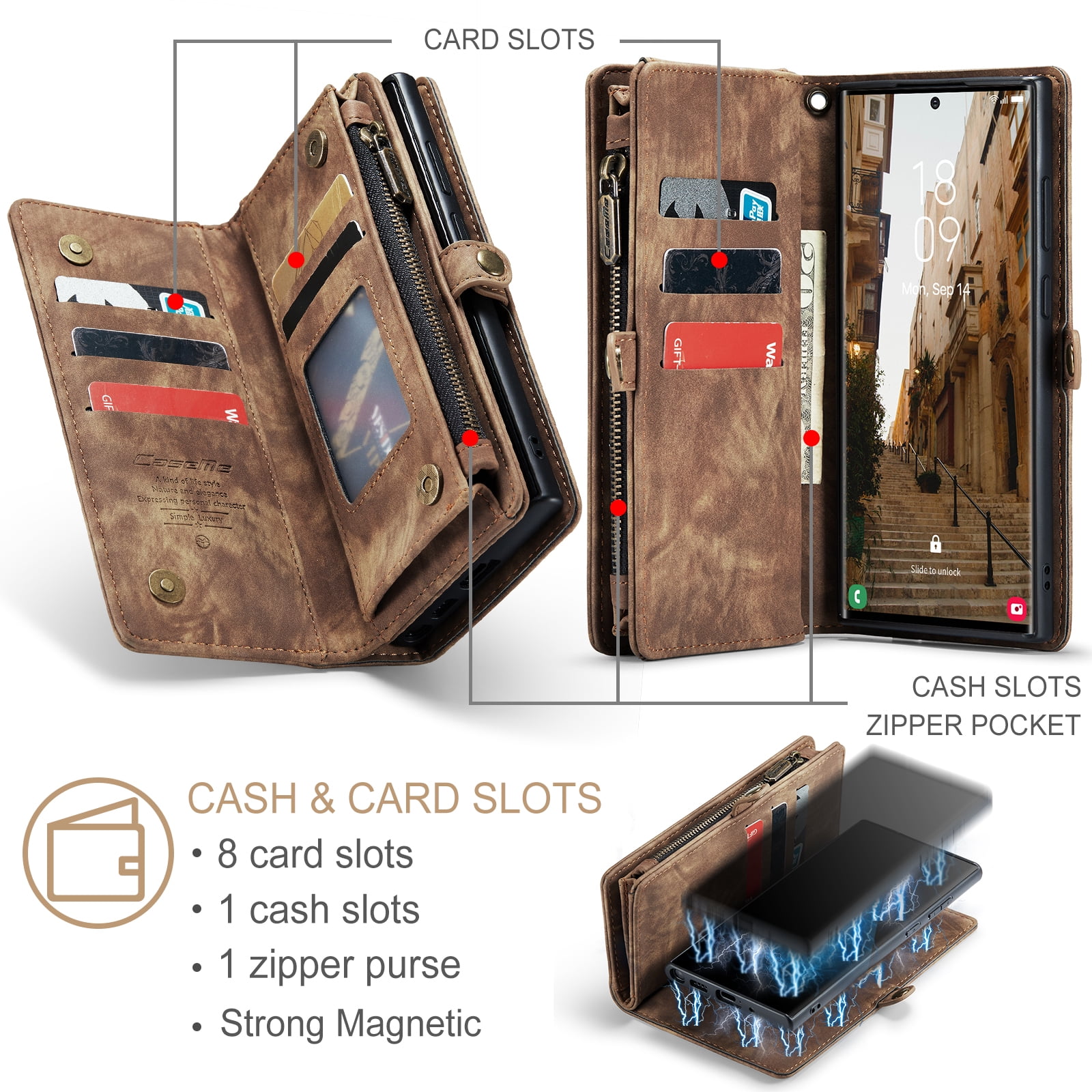 Feishell Durable 2- In-1 Magnetic Detachable Wallet Case for Samsung Galaxy S24 Ultra,for Women Men,Premium PU Leather Zipper Pocket Flip Multi Card Slots Purse Phone Case with Wrist Strap,Darkbrown