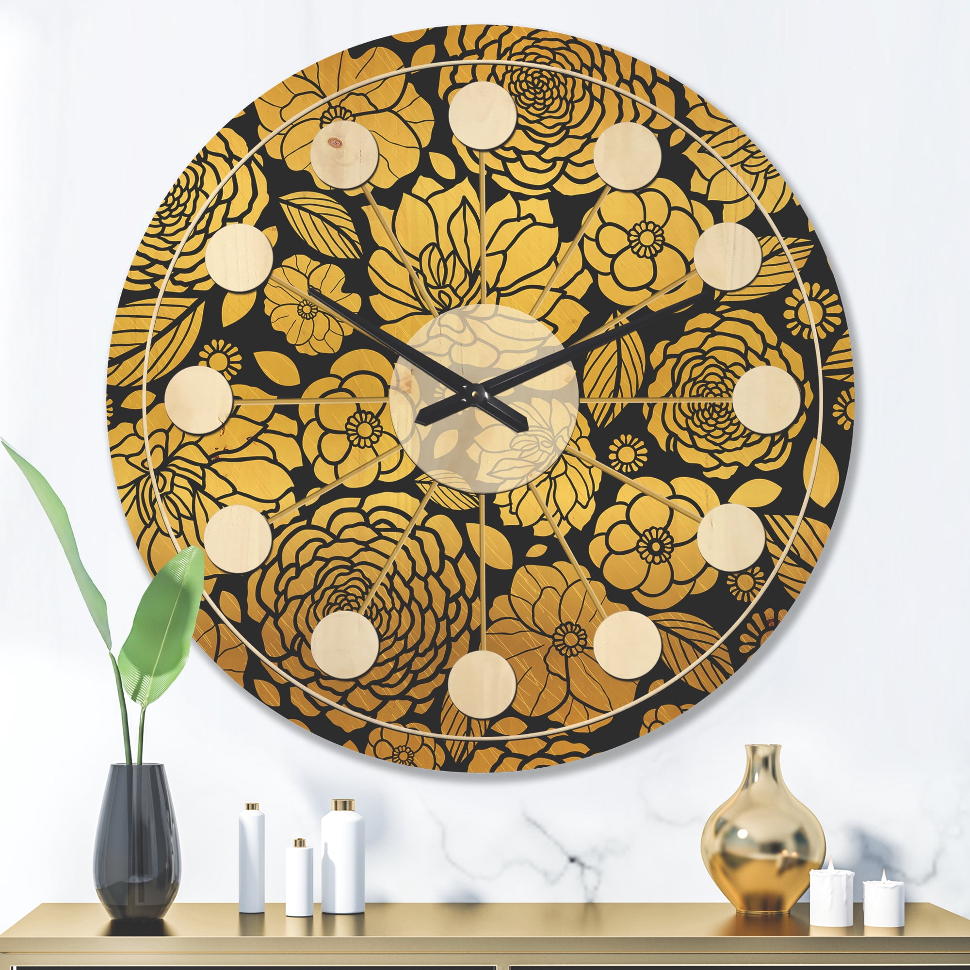 Designart 'Golden Floral Retro II' Mid-Century Modern Wood Wall Clock