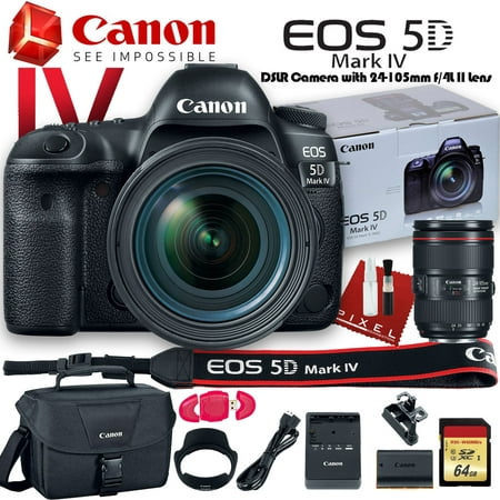 Canon EOS 5D Mark IV DSLR Camera with 24-105mm f/4L II Lens (USA Model) W/ Canon Bag, 64GB Memory Card , Cleaning Kit Plus More - Starter