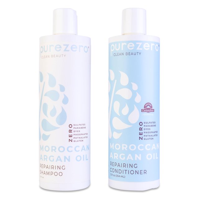 Purezero Juego de champú y acondicionador de aceite de argán marroquí - Repara el cabello dañado - Combate la caspa y el encrespamiento - Cero sulfatos, parabenos, colorantes, gluten - vegano y libr