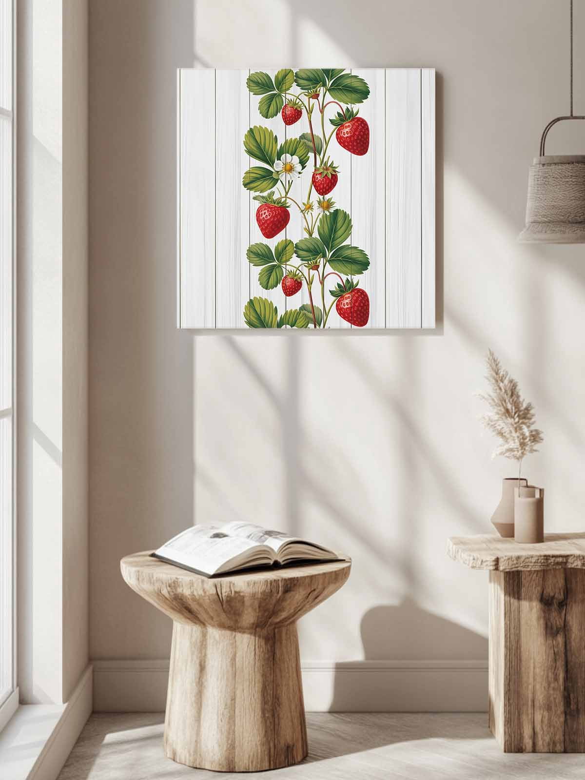 Strawberry Canvas Wall Art, Vintage Country Strawberry Leaf White Wood Grain Framed Wall Decor Modern Artwork Prints Painting for Living Room, Bedroom, Kitchen & Cafe Decor 16x16 Inch