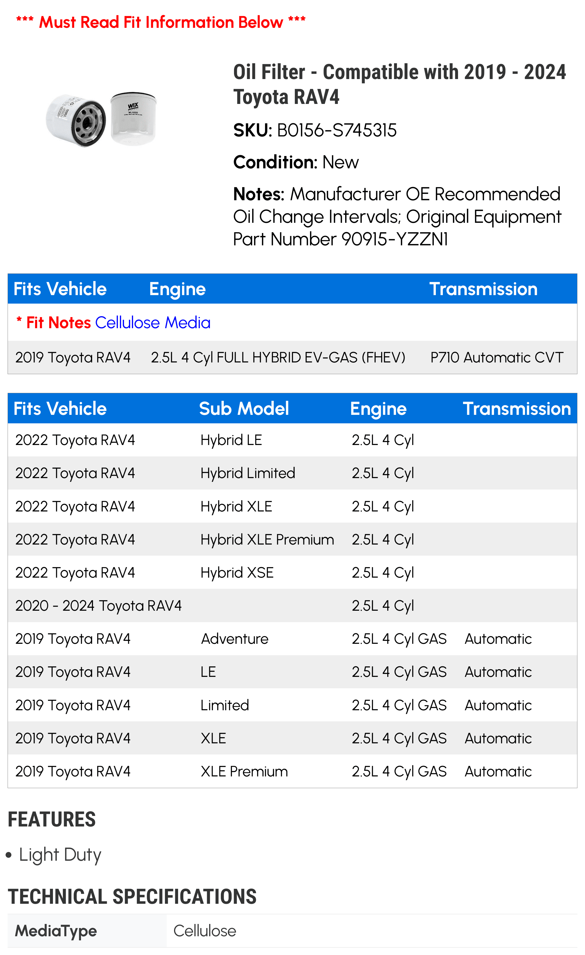 Oil Filter - Compatible with 2019 - 2024 Toyota RAV4 2020 2021 2022 2023