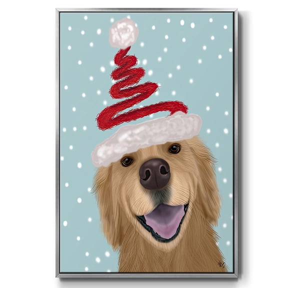 Christmas Golden Retriever and Spring Santa Hat - Framed Gallery Wrapped Holiday Canvas - 17 x 25 - Silver Frame