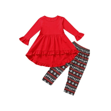 

Qtinghua Toddler Baby Girl Christmas Outfit Flare Long Sleeve Ruffle T-Shirt Dress Top Snowflake Pants 2Pcs Clothes Red Snowflake 1-2 Years