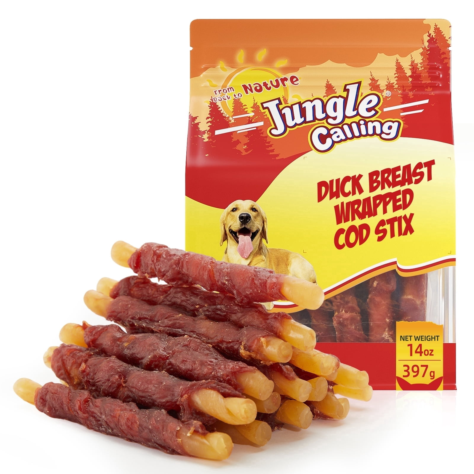 (3 pack) Jungle Calling Duck Wrapped Cod Sticks Dog Treats Rawhide Training Snacks Natural Chewy Sticks, 14oz