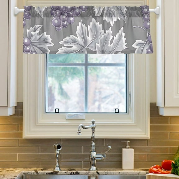 Ryvnso Grape Print on Gray Window Valance Kitchen Farmhouse Rod Pocket Short Curtain 54x18 inch
