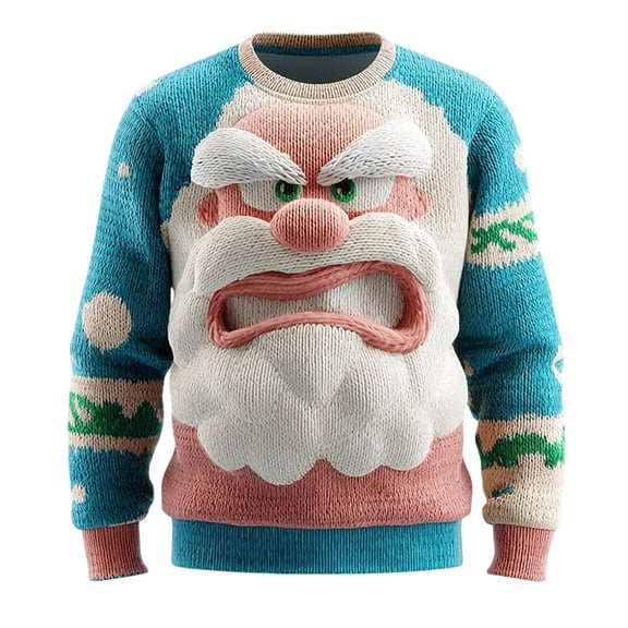 XIAOCHA Angry Santa Graphic Sweatshirt For Men Crew Neck 3D Holiday Pullover Top, Sky Blue, Sizes XXXXXL