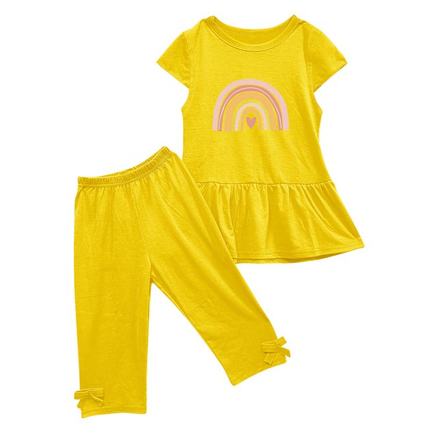Birdeem Chemises pour Filles Été Col Rond Petit Imprimé Manches Courtes Manches Volantes Taille Élastique Pantalon Court Ensemble Deux Pièces
