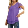 thumbnail image 3 of JWD women's short sleeved double-layer mesh pleated shirt summer fashion casual top Purple-S, 3 of 6