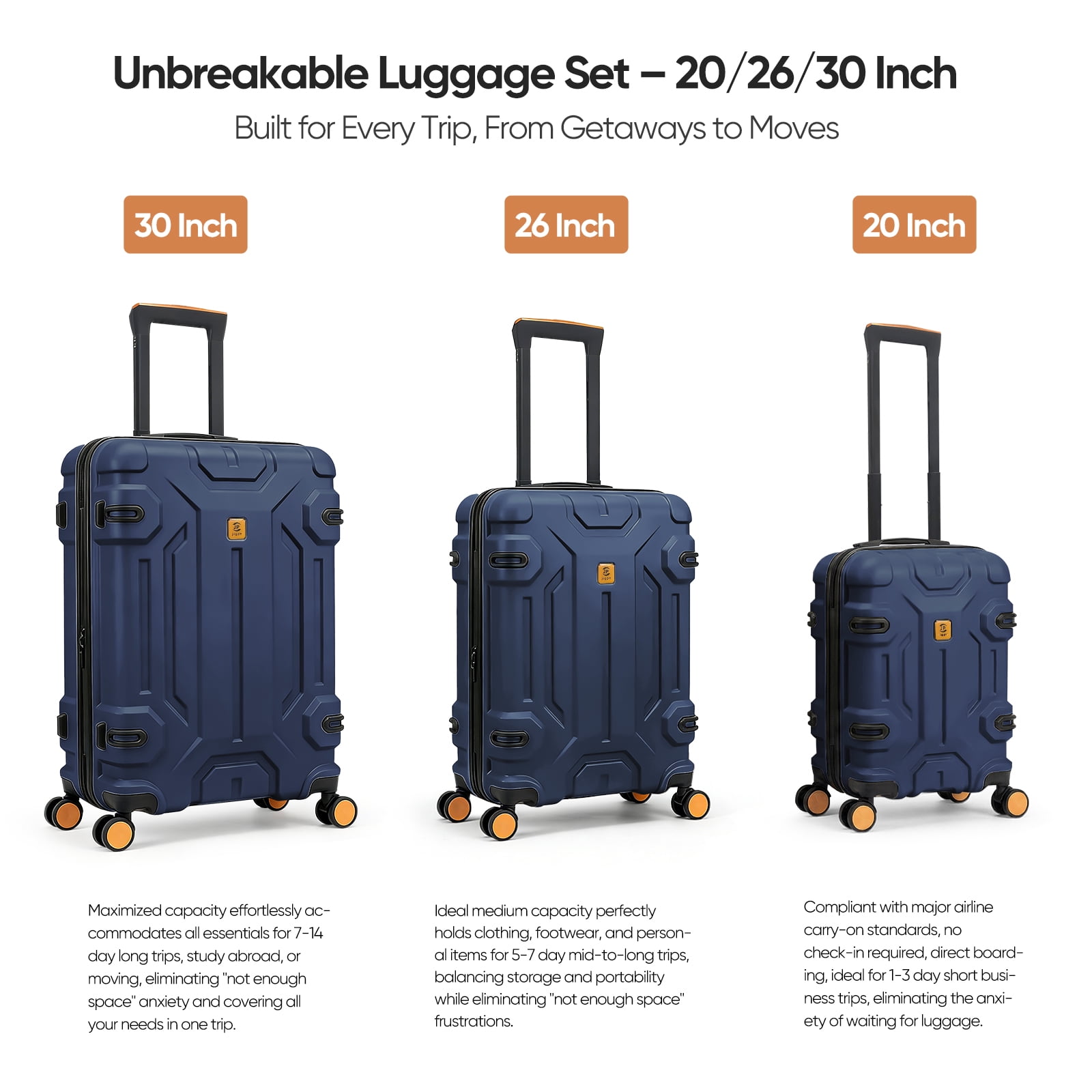 3 Piece ABS Luggage Set with TSA Lock, 20/26/30 Inch Spinner Suitcase for Carry On and Checked Bag, Lightweight Durable Travel Bags for Family Vacation Holiday Travel Back to School and Business Trip