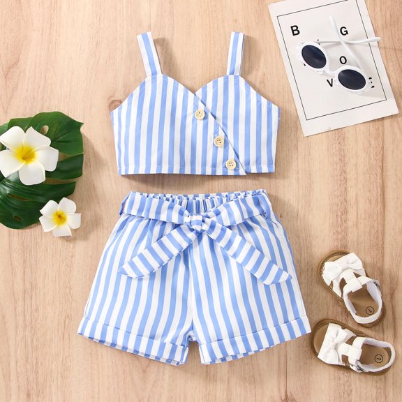 Vedolay Sets For Girls 2 Piece Toddler Girl Outfit Sleeveless Tops & Floral Print Shorts Clothing Sets,Light Blue 12-18 Months