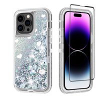 NIFFPD iPhone 14 Pro Max with Screen Protector, Bling Glitter Quicksand Sparkle Clear & Shockproof Protective Cover iPhone 14 Pro Max 6.7" Silver