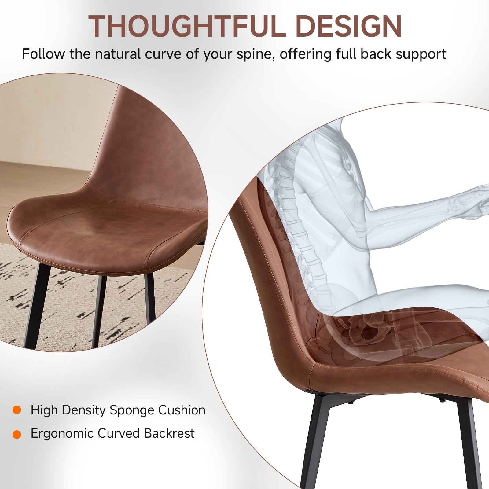 Dining Chairs Set of 4 Modern [Synthetic Leather] Upholstered Kitchen Chairs with Contoured Backrest Metal Legs for Dining Living Room Home, Brown