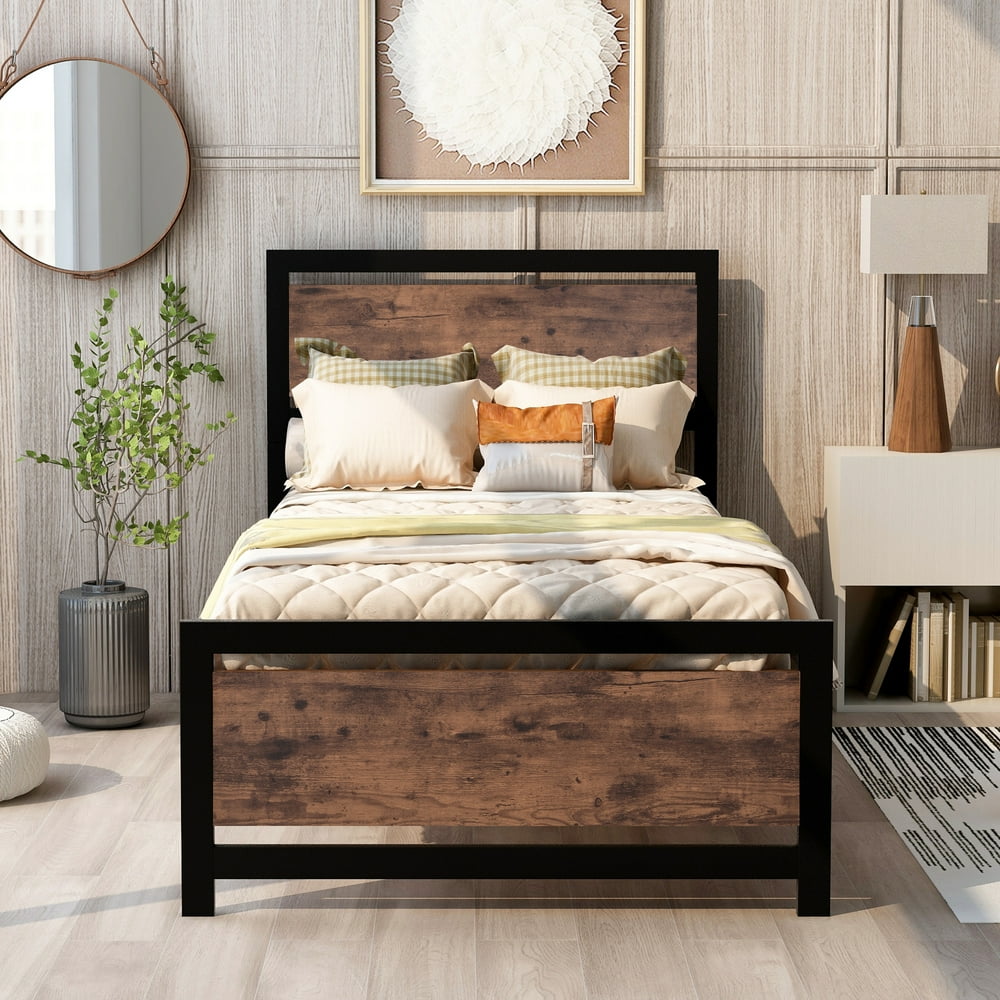 Twin Size Platform Bed, Wood Twin Bed Frame with Headboard and