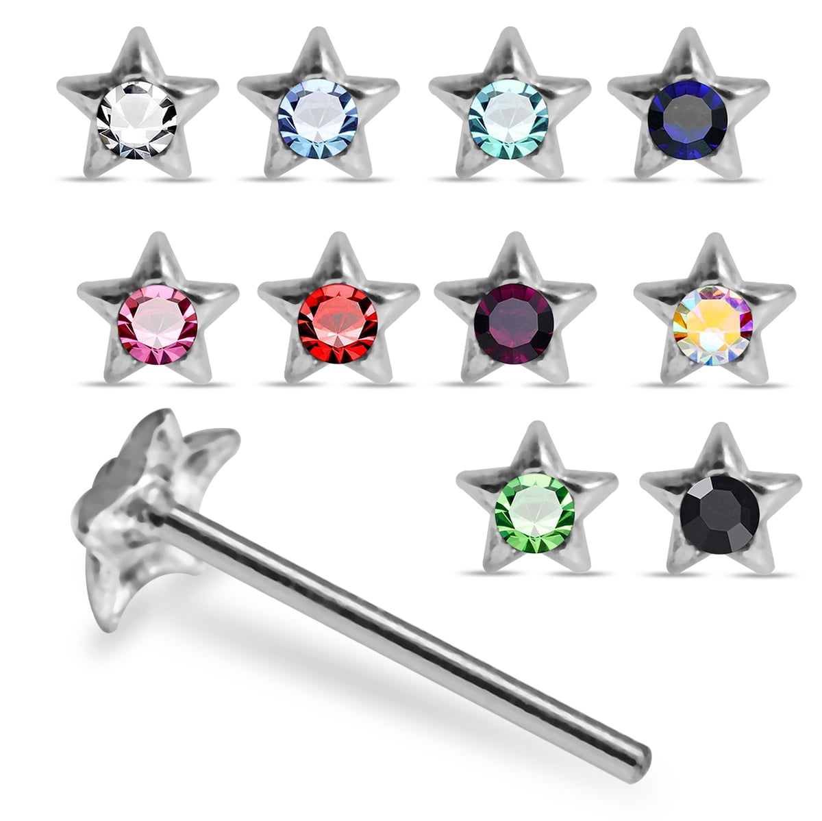 Claw Set Mixed Colour Crystals 925 Silver Straight Nose Studs Pack of 20 