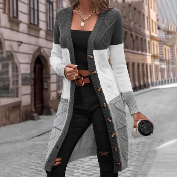 Usmixi Winter Womens Sweater Coats Womens Long Cardigan Fashion Color Patchwork Open Front Horn Buckle Coats Winter Long Sleeve Lightweight Knitted Sweater Cardigan Overcoats Up to 65% off