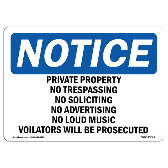 OSHA Notice Sign - Private Property No Trespassing No Soliciting | Plastic Sign | Protect Your Business, Work Site, Warehouse & Shop Area | Made in the USA