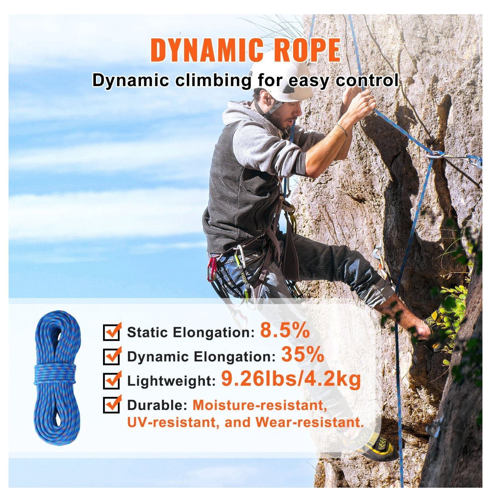 10.2mm Climbing Rope 60M - Dynamic Rope for Rock Climbing, Rappelling, Rescue - 25KN Strength with Steel Hooks - Blue