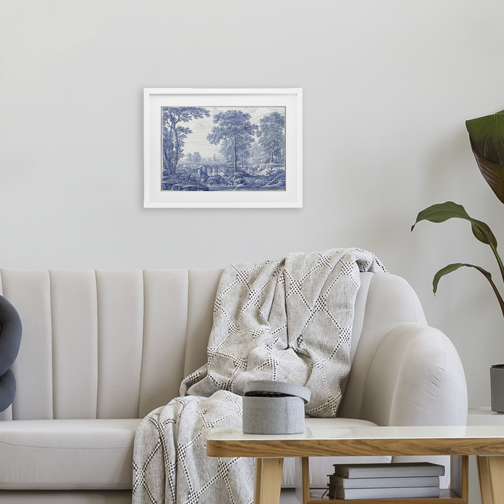 Vintage Blue Tinted Toile White Framed Print Under Glass, design by Vintage Hustle
