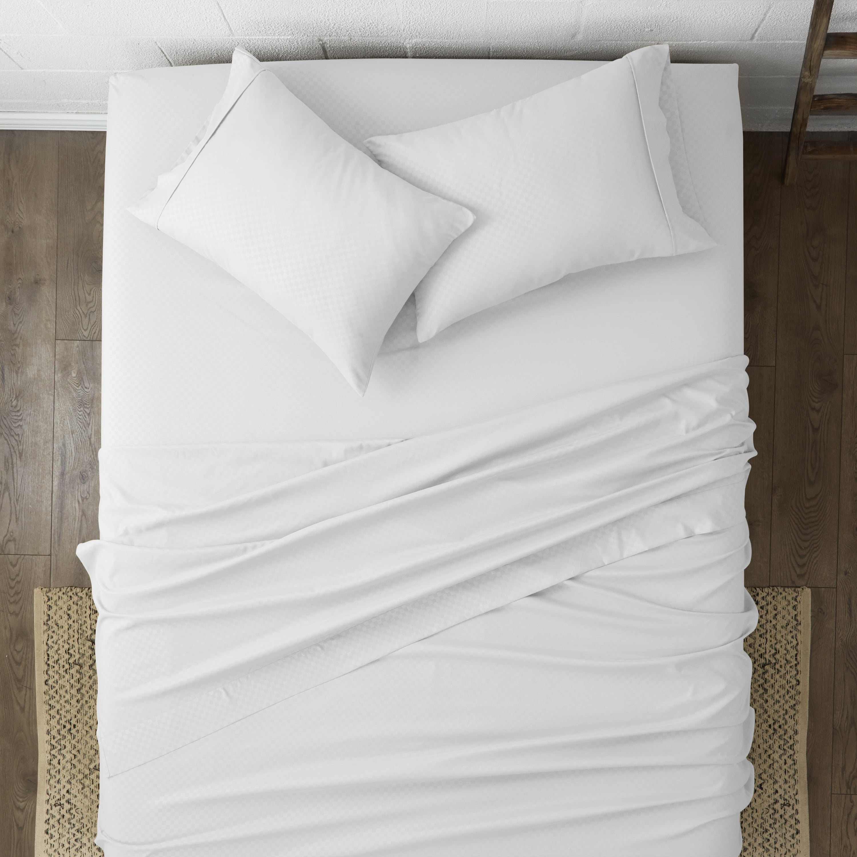 Noble Linens 4 Piece White Checkered Embossed Bed Sheet Set, Queen