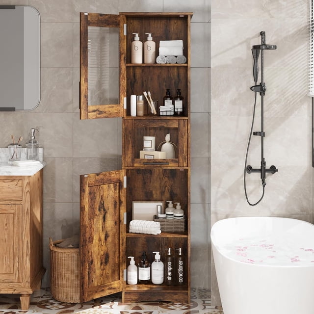 QinaQin Gabinete angosto para baño de 170 cm con puertas de vidrio y repisas ajustables, organizador independiente para cocina, baño o espacios pequeños
