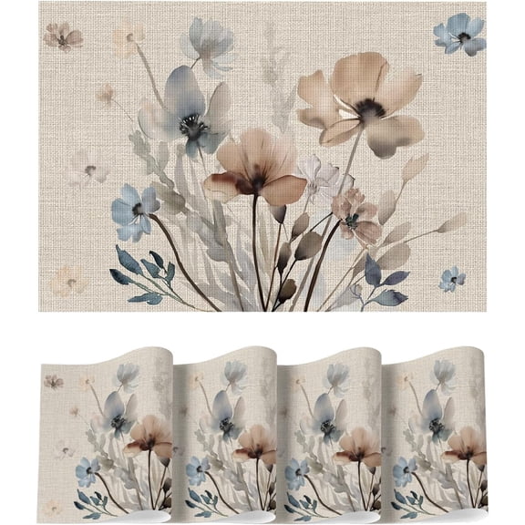 Brown Poppy Floral Vinyl Placemats Set of 4, Wipeable Colorful Printing PVC Table Mats for Party Kitchen Dining Decor, 12x18 Inch