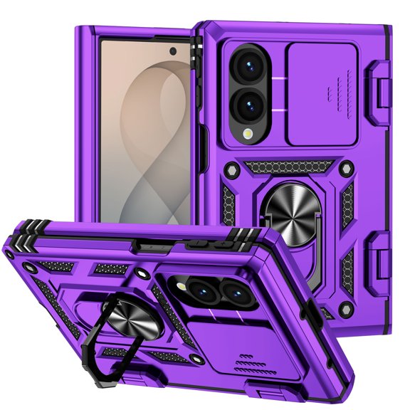 ELEHOLD for Samsung Galaxy Z Fold8 Case with Sliding Lens Cover and Hinge , Heavy Duty Rugged Drop Protection Shockproof Ring Kickstand Cover,Purple