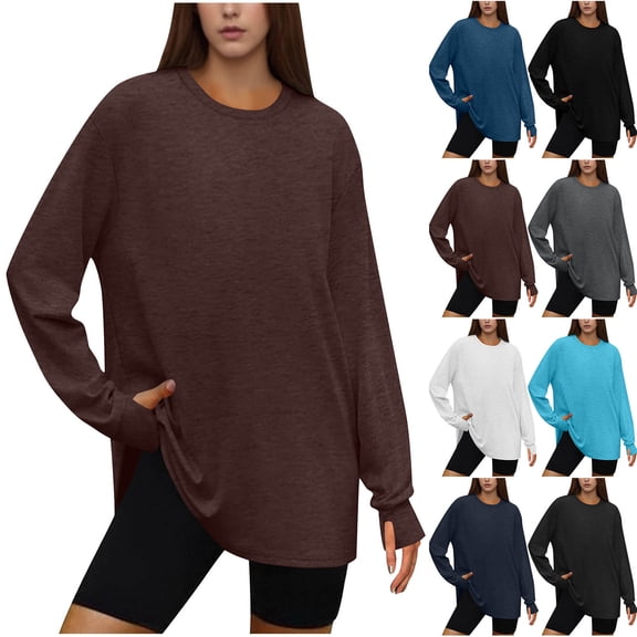 LIBRCLO Womens Tops Plus Size Crew Neck Long Sleeves Thumb Hole Shirts Fashion Loose Sports T-Shirts