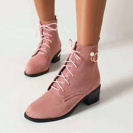 

Ankle Boots Tassel Fashion Pearl Women s Boots Solid Suede Front Lace Up High Heel Coarse Heel Short Boots
