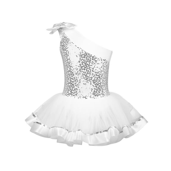 iEFiEL Kids Girls One Shoulder Bowknot Sequined Ballet Dance Gymnastics Leotard Tutu Dress