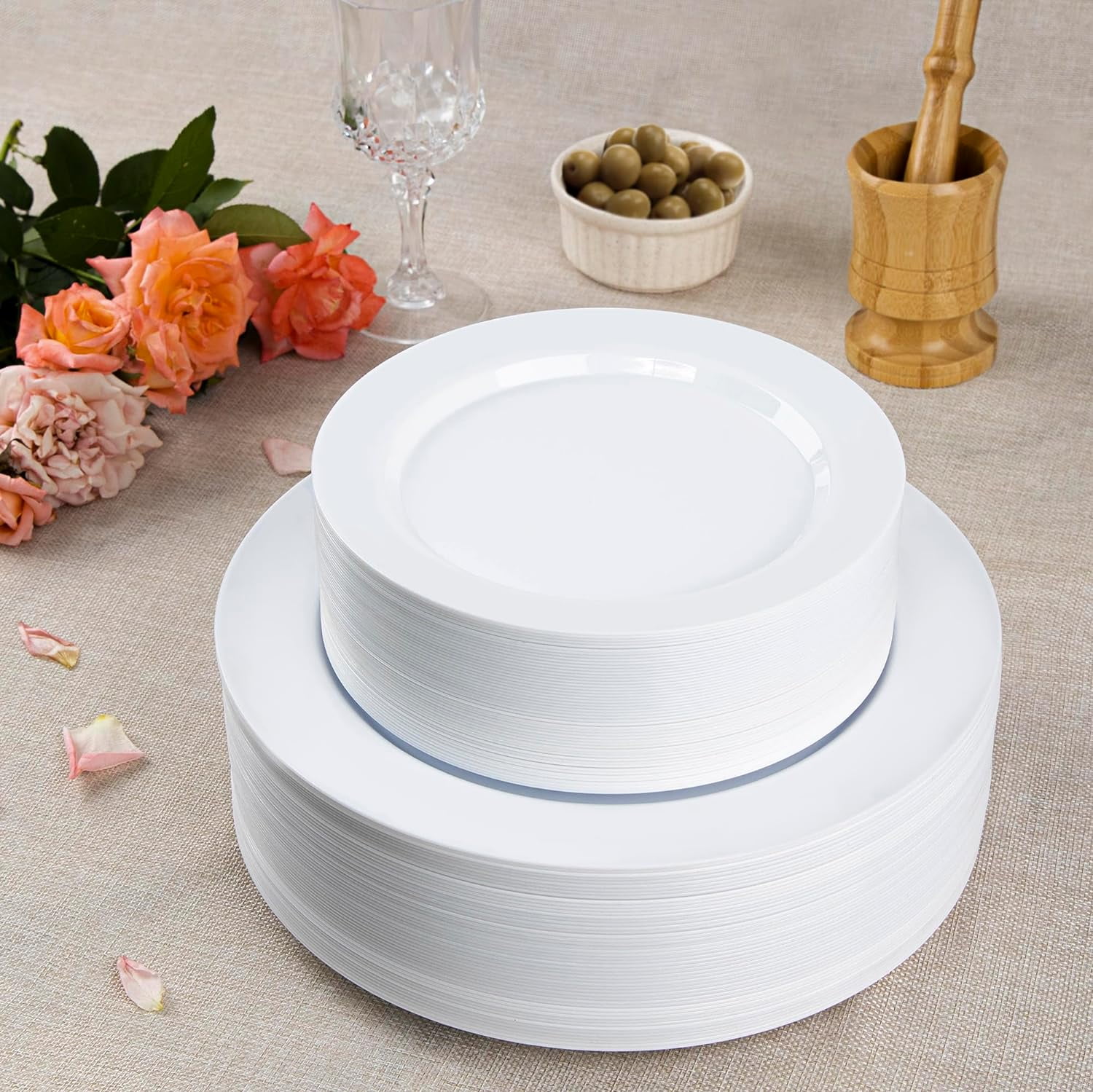 SETUP Disposable White Round 75 " and 1025" Plastic Party Plates (100 Count)
