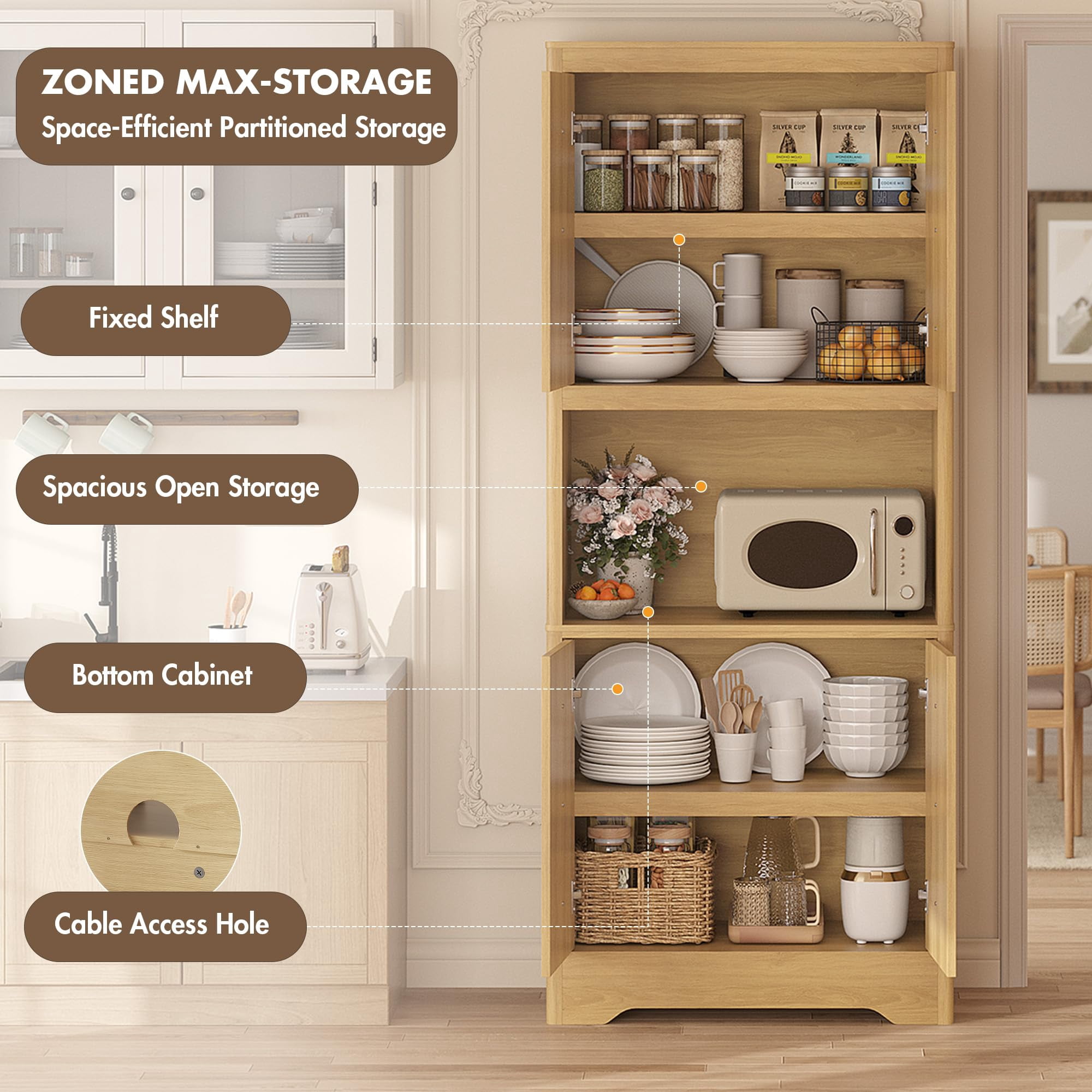 Kitchen Pantry Cabinet, 72" Tall Storage Cabinet with Countertop, Freestanding Wooden Hutch Cupboard with Carved Door & Crystal Handle, for Dining Room, Living Room