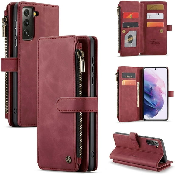 Case for Galaxy S22, Flip Leather Wallet Case with 10 Card Slot Holder Zipper Pocket Kickstand Magnetic Closure Shockproof Flip Folio Cover for Samsung Galaxy S22 5G 6.1inch 2022 (Red)